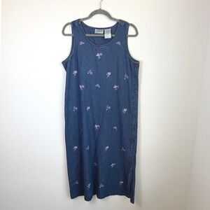 Vtg Denim Floral Embroidered Midi Dress Womens Petite Large Granny Cottagecore